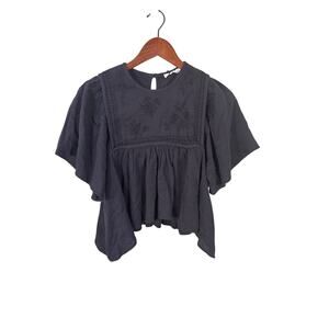 Unsubscribed Women Size 2 Black Smocked Peplum Floral Boho Sleeve Short Blouse